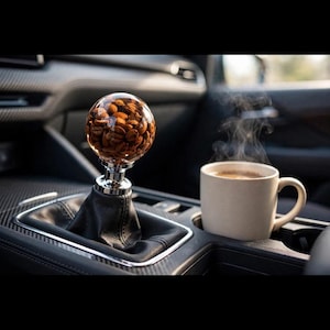 May include: A spherical gear shift knob made of clear resin filled with brown roasted coffee beans, mounted on a black leather boot with a silver metallic base, positioned next to a steaming white ceramic mug of coffee in a vehicle interior.