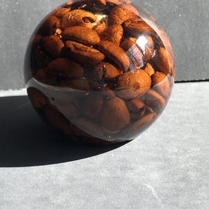 May include: A spherical paperweight made of clear resin containing numerous roasted brown coffee beans suspended throughout the interior. The surface of the sphere is smooth and glossy, reflecting light across the dark brown coffee bean textures.