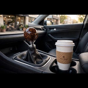 Può includere: Un pomello del cambio sferico riempito di chicchi di caffè tostati, con una base in metallo argentato e una cuffia in pelle nera. Accanto si trova un bicchiere di carta bianco per caffè con una fascia in cartone marrone con la scritta Daily Grind.