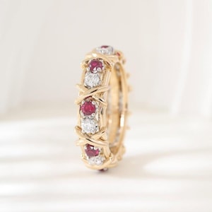 Ruby Diamond Eternity Ring, 14K Gold Wedding Band Vintage Inspired Ruby Anniversary Ring, Stackable July Birthstone Gift X prong inspired.