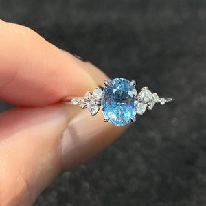 Unique Aquamarine Ring Vintage Engagement Statement Ring Moissanite Gemstone Oval Cut March Birthstone Sterling Silver Anniversary Gift Ring