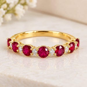 Ruby Eternity Ring Band 14K Gold Wedding Band Inspired Moissanite Anniversary Ring Stackable Matching Band July Birthstone Jewelry For Her.