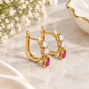 Ruby Moissanite Hoop Earring Minimalist Gold Silver Earring Dangle Drop Pair Earrings July Birthstone Fine Jewelry  Elegant Wedding Earrings