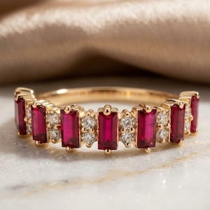 Dainty Ruby Eternity Ring Moissanite Stackable Wedding Band Inspired Baguette Promise Ring July Birthstone Statement Jewelry Bridesmaid Gift