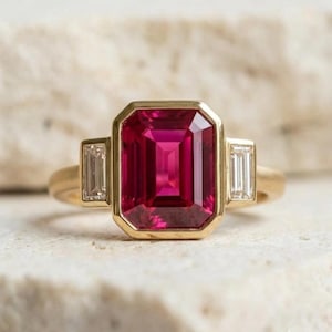 Red Ruby Halo Ring Ruby Diamond Three Stone Engagement Anniversary Ring 925 Sterling Silver Minimalist Ring Bridal Anniversary Gift for Her.