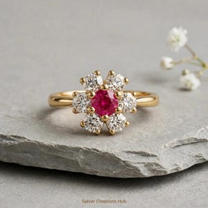 Ruby Moissanite Flower Ring | Vintage Ruby Engegment Ring | Minimalist Solitaire Promise Ring | Unique Dainty Halo Ring | Gift for Women.