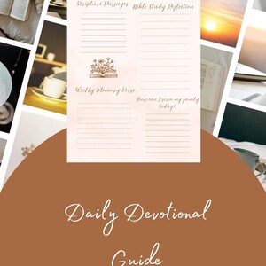 May include: A digital Daily Devotional Guide, featuring prompts for Scripture passages, Bible study reflection, and a weekly memory verse. The design uses a soft, neutral colour palette with elegant script and floral accents.