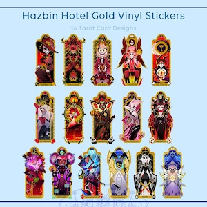 Pode incluir: Uma coleção de 16 autocolantes de vinil dourado com designs de cartas de tarô do Hazbin Hotel. Cada autocolante apresenta uma ilustração de personagem única dentro de uma moldura decorativa, com títulos como "The Chariot" e "Strength".