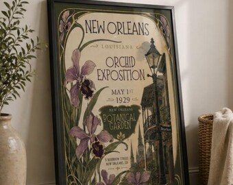 Cartel del Festival de Jazz de Nueva Orleans, lámina vintage Art Nouveau de orquídeas, obra de arte del Jardín Botánico de 1929, arte mural de cielo nocturno, decoración floral melancólica