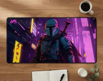 May include: A large rectangular mousepad featuring a stylized illustration of a Mandalorian character in a futuristic cityscape. The design incorporates neon colors, with the character in blue armor. The mousepad has the word "Cheryi" in the upper left corner.