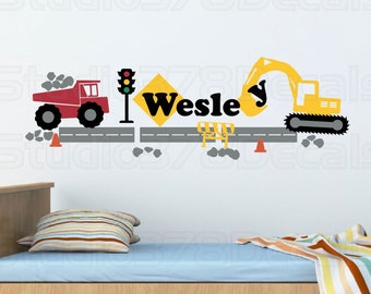 Construction Set Vinyl Wall Decal - Kids Transportation Decals - Dump Truck and Excavator - Personalized Name - Boy Nursery Wall Decals
