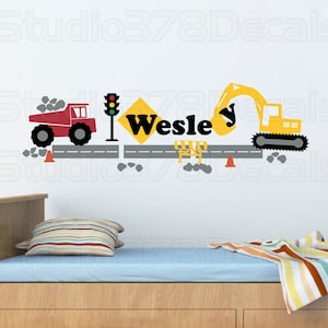 Construction Set Vinyl Wall Decal - Kids Transportation Decals - Dump Truck and Excavator - Personalized Name - Boy Nursery Wall Decals