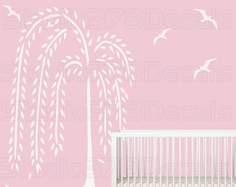 Weeping Willow Tree Wall Decal – Modern Nursery Decor with Birds