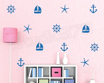 Nautical Wall Decals - Set of Sailboat Anchors Starfish Helm Decals - Sailor Decor - Boy Girl Decals - Vinyl Wall Decals **On Sale**