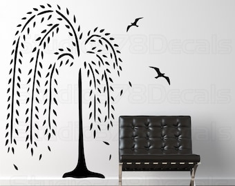 Weeping Willow Tree Wall Decal - Nursery Wall Decals - Home Decor - Modern Wall Art -  Birds and Falling Leaves - 45x67 MDM