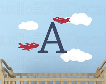 Airplane Nursery Wall Decals | Initial, Clouds, Aviation Decor