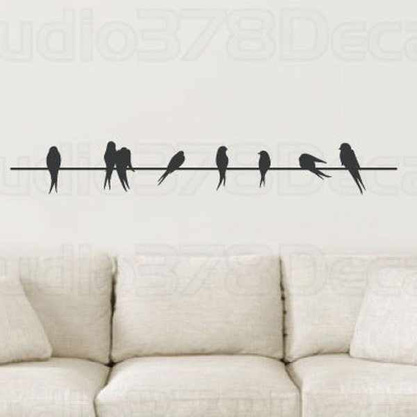 Birds On A Wire Vinyl Decal - Home Decor - Silhouette - Love Birds - Sparrows - Childrens Nursery Decor - Wall Decal - 48"