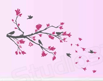 Cherry Blossom Branch Wall Decal | Nursery Decor, Birds (44x22)