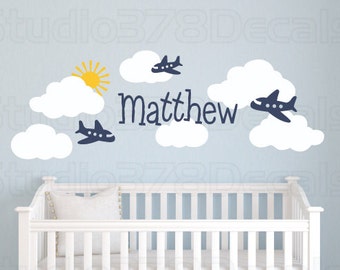 Airplanes and Clouds Nursery Wall Decals - Airplane Room Decor - Baby Nursery Vinyl Wall Decal - Childrens Decor - Aviation Room Wall Decals