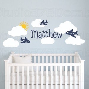 Airplanes and Clouds Nursery Wall Decals - Airplane Room Decor - Baby Nursery Vinyl Wall Decal - Childrens Decor - Aviation Room Wall Decals