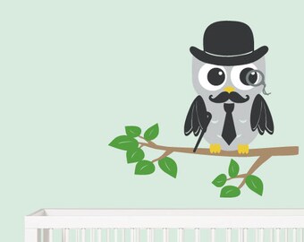 Grandfather Owl Decal - Children Decor - Baby Nursery Decor - Moustache Hat Tie Cane Monocle - Vinyl Wall Stickers - Cute Owl Art - 18x16