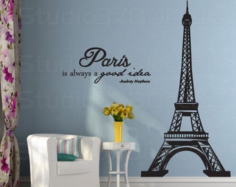 Eiffel Tower Wall Decal – Paris Theme, Audrey Hepburn Quote (7ft)