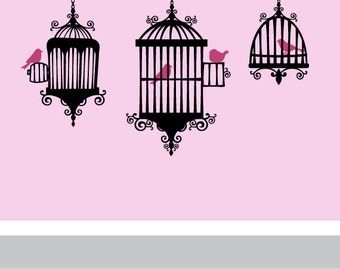 Birds in Cages Vinyl Wall Decal - Modern Art Decor - Girls - Baby - Birds - French decor Vinyl Wall Stickers - Shabby chic decor