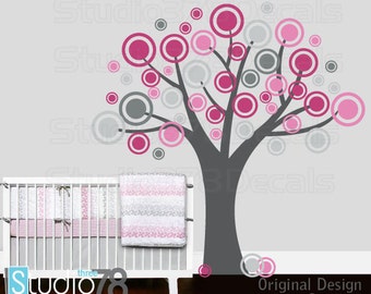 Pink and Grey Vinyl Tree Decal | Childrens Nursery Wall Decor | Circles | Pink Polka Dots | Baby Girl Decor | Kids Vinyl Wall Decor | 78x78