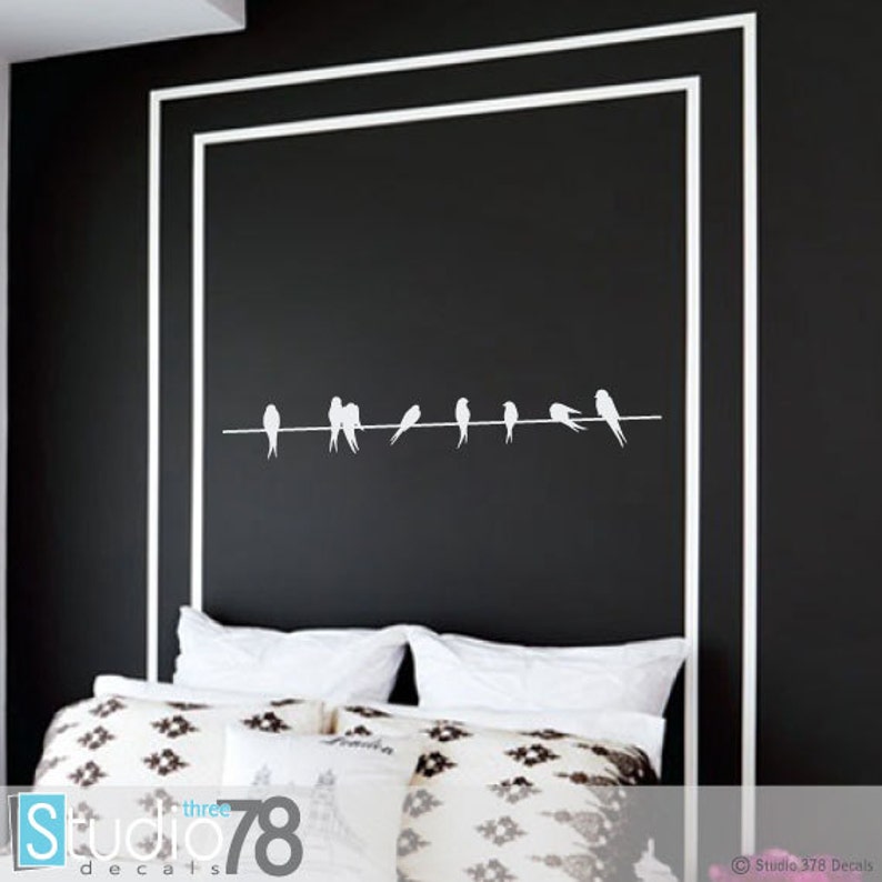 Birds on a Wire Vinyl Wall Decal Lovebirds Nursery Wall Decal Home Decor Sparrows Modern Wall Art CHOOSE COLOR 36 image 1