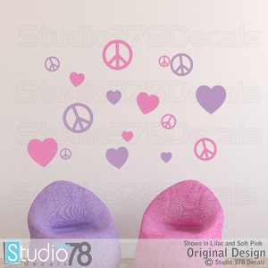 Peace Signs and Hearts Vinyl Wall Decals - Childrens Decor - Nursery Wall Decals - Girls Room Decor - Teen Wall Art - 16pk