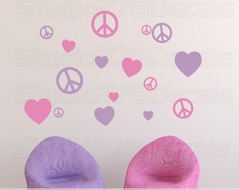 Peace Signs and Hearts Vinyl Wall Decals - Childrens Decor - Nursery Wall Decals - Girls Room Decor - Teen Wall Art - 16pk