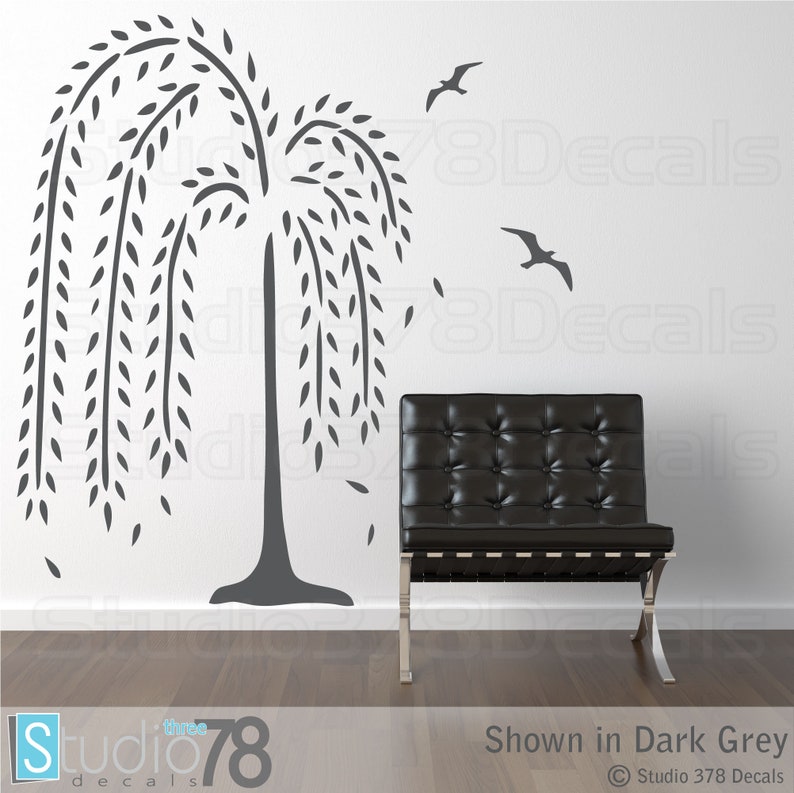 Weeping Willow Tree Wall Decal Nursery Wall Decals Home Decor Modern Wall Art Birds and Falling Leaves 45x67 MDM image 3