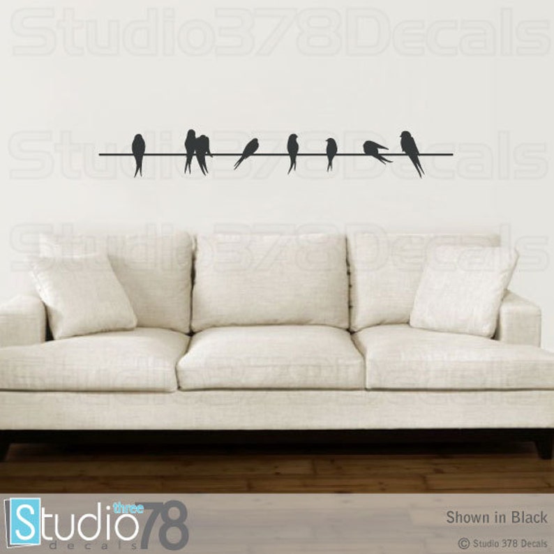 Birds On A Wire Vinyl Decal Home Decor Silhouette Love Birds Sparrows Childrens Nursery Decor Wall Decal SALE 48 image 1