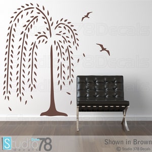 Weeping Willow Tree Wall Decal Nursery Wall Decals Home Decor Modern Wall Art Birds and Falling Leaves 45x67 MDM image 2