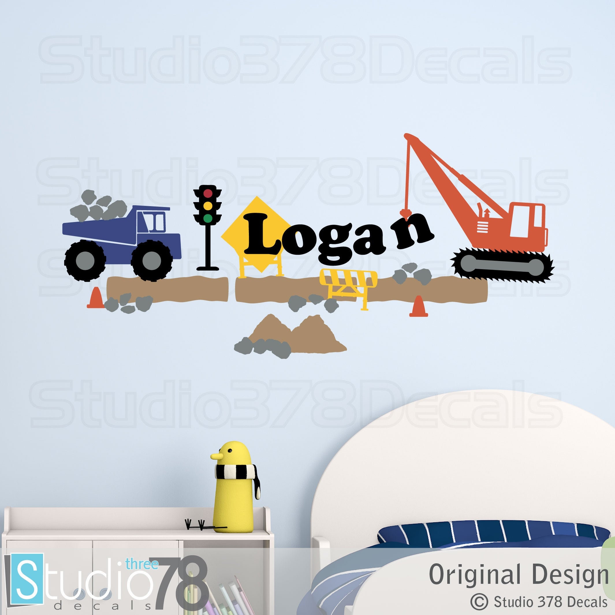 Construction Set Vinyl Wall Decals - Kids Transportation Wall Decals - Worksite Dump Truck Crane - Personalized Name - Nursery Wall Decals