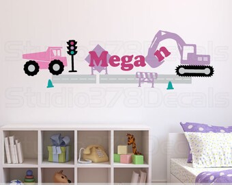 Pink Construction Truck & Excavator Vinyl Wall Decal | Personalized Girl Nursery