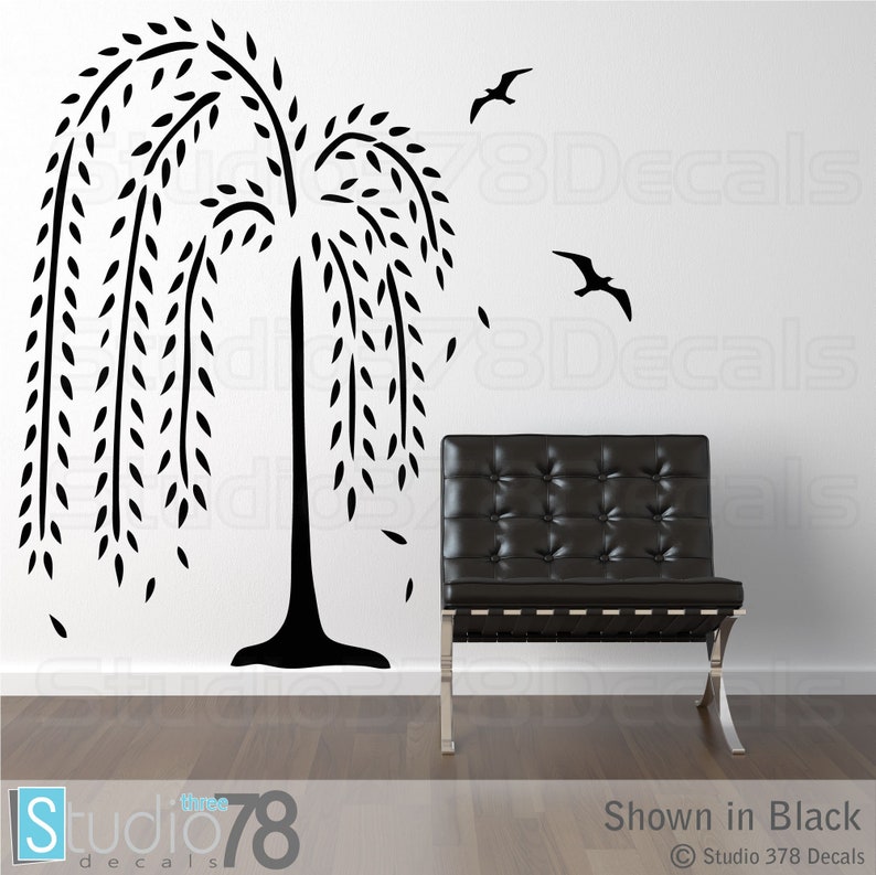 Weeping Willow Tree Wall Decal Nursery Wall Decals Home Decor Modern Wall Art Birds and Falling Leaves 45x67 MDM image 1