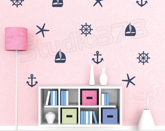 Nautical Wall Decals - Set of Sailboat Anchors Starfish Helm Decals - Sailor Decor - Boy Girl Decals - Baby Nautical Vinyl Wall Decals