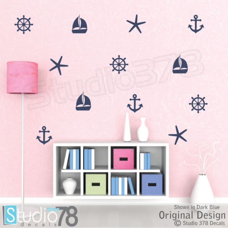 Nautical Wall Decals Set of Sailboat Anchors Starfish Helm Decals Sailor Decor Boy Girl Decals Baby Nautical Vinyl Wall Decals image 1