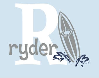 Surfboard Initial Name Wall Decal – Beach Nursery Decor, Personalized