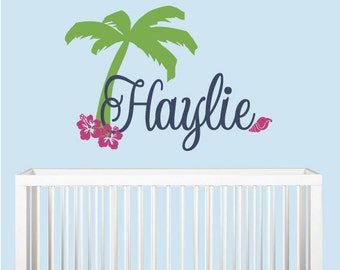 Palm Tree Surfer Girl's Personalized Name Wall Decal with Hibiscus Flower and Sea Shell - Beach Room Decor - Hawaiian Surf Vinyl Wall Decal