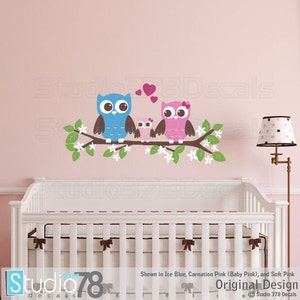 Owls Wall Decal Couple with Baby Owl on Branch Childrens Nursery Wall Decor Baby Boy or Girl Owl Nursery Decor Vinyl Owl Wall Decal image 1