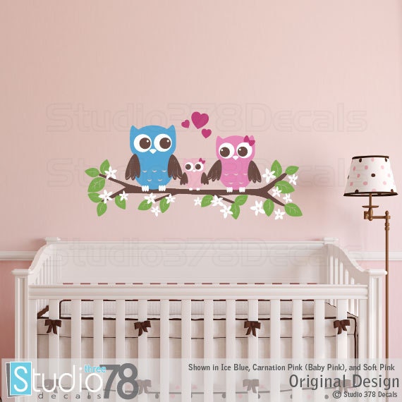 Owls Wall Decal Couple With Baby Owl on Branch Childrens Nursery
