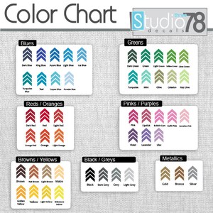 May include: Color chart with a variety of colors organized by color family, including blues, greens, reds, oranges, browns, yellows, pinks, purples, blacks, greys, and metallics. Each color is represented by a small arrow shape.