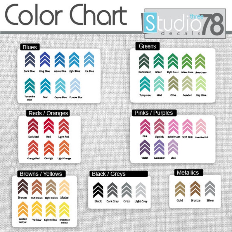 May include: Color chart with a variety of colors organized by color family, including blues, greens, reds, oranges, browns, yellows, pinks, purples, blacks, greys, and metallics. Each color is represented by a small arrow shape.