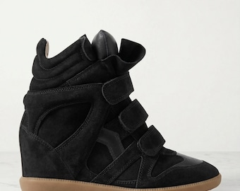 Isabel Marant Bekett: Black Suede Wedge Sneakers Designer High-Top Velcro Trainers
