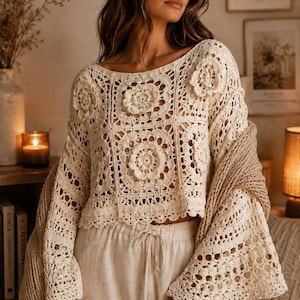 Modelo de blusa feminina de crochê com quadrados da vovó | Blusa boho com manga sino em PDF (Download digital)