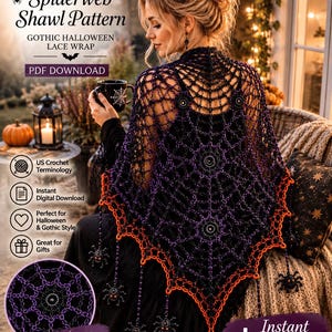 Könnte beinhalten: Eine Häkelanleitung für ein Spinnennetz-Tuch als PDF-Download, bestehend aus einem schwarzen und violetten Spitzenumhang mit orangefarbenem Rand und Spinnenanhängern. Der Text lautet Crochet Spiderweb Shawl Pattern und PDF Download.