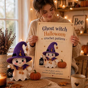 May include: A crochet ghost witch doll wearing a purple pointed hat with a gold crescent moon and star charm, holding a small black lantern. Beside it sits a small orange crochet pumpkin. A printed pattern sheet displays the same items.