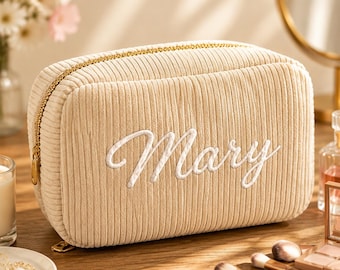 Personalized Cosmetic Bag Custom Name Makeup Bag Corduroy Travel Pouch Bridesmaid Gift Makeup Organizer Zipper Toiletry Bag for Women